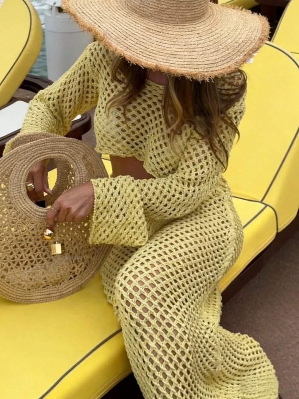 Yellow Casual Women's Knit Cropped Top and Maxi Skirt Set - Picture 5 of 5
